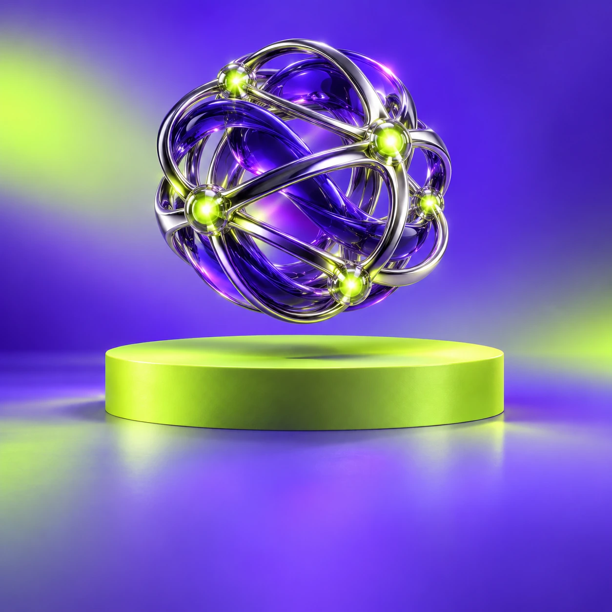 A sculptural neural orb floating above a lime pedestal