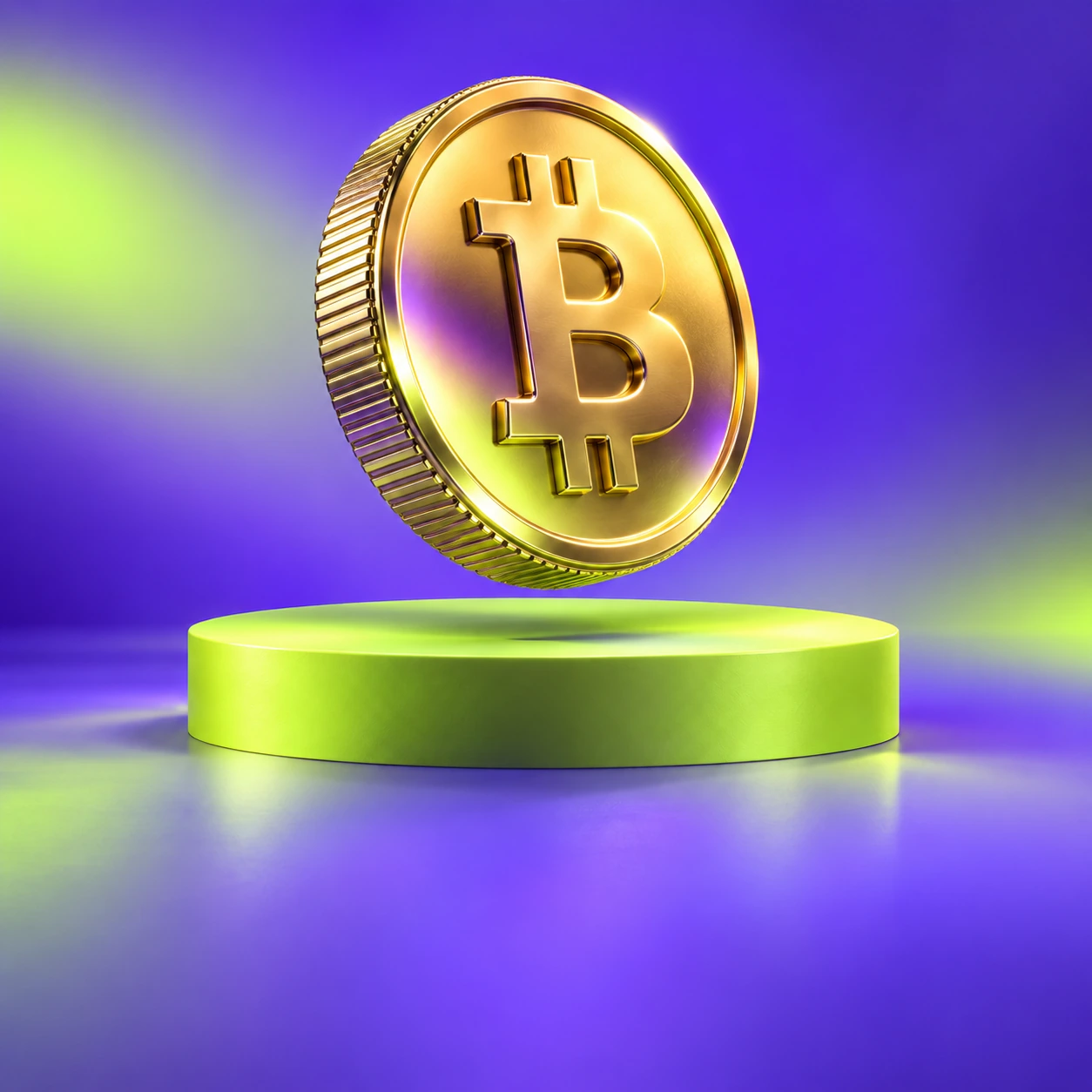 A golden Bitcoin floating above a lime pedestal