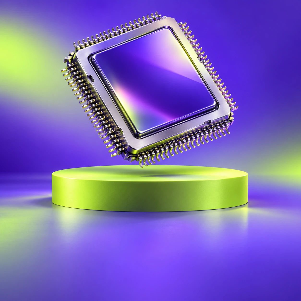 A silver and violet semiconductor floating above a lime pedestal