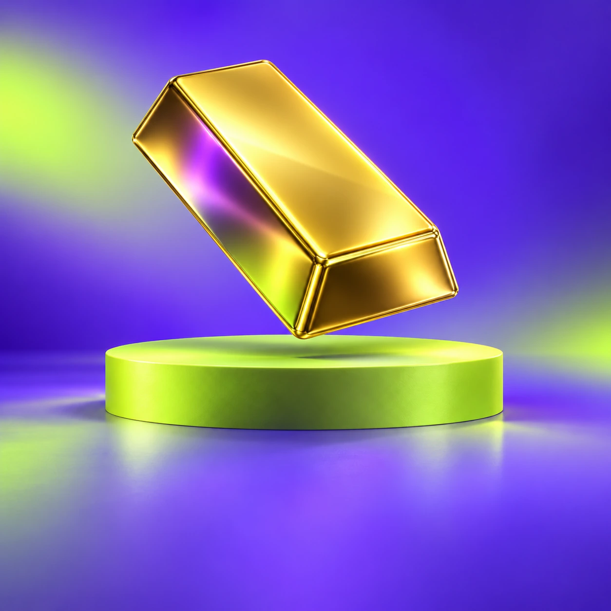A polished gold bar floating above a lime pedestal
