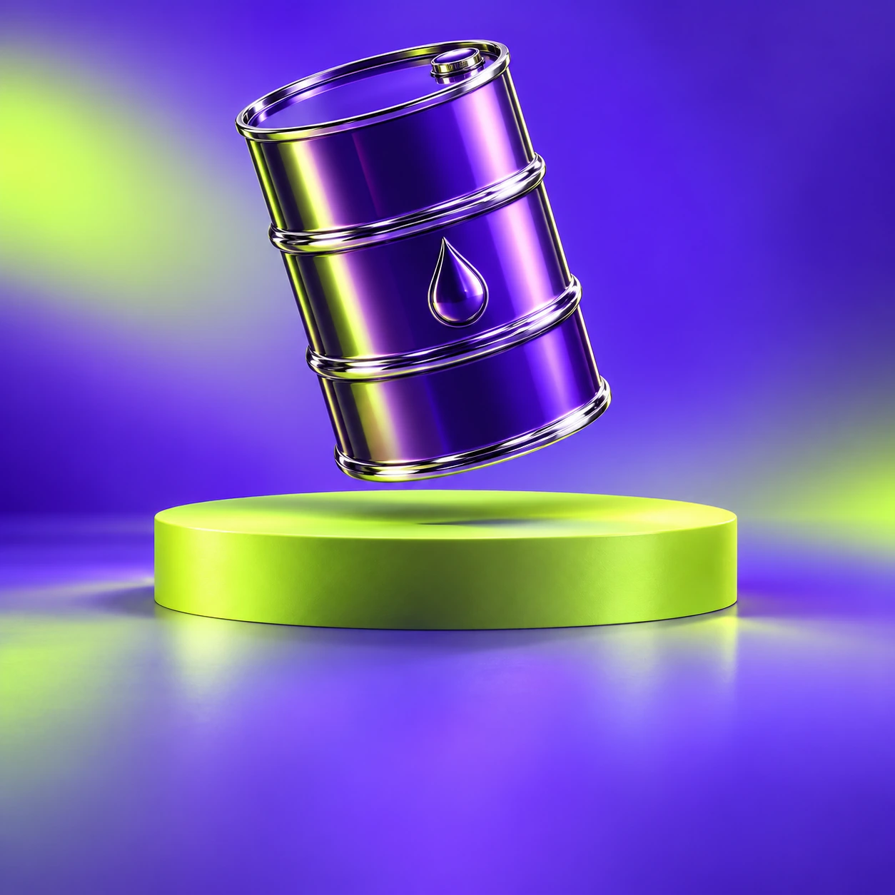 A polished violet oil barrel floating above a lime pedestal